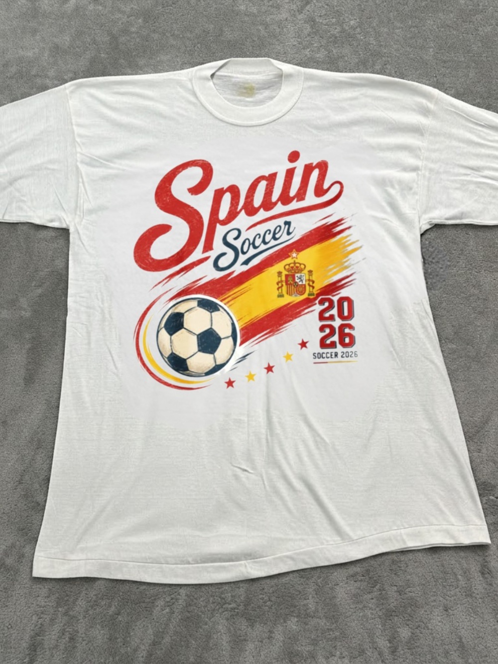 Gildan White Spain Soccer Graphic Tee - Red, Yellow, Blue | WORLD CUP 2026